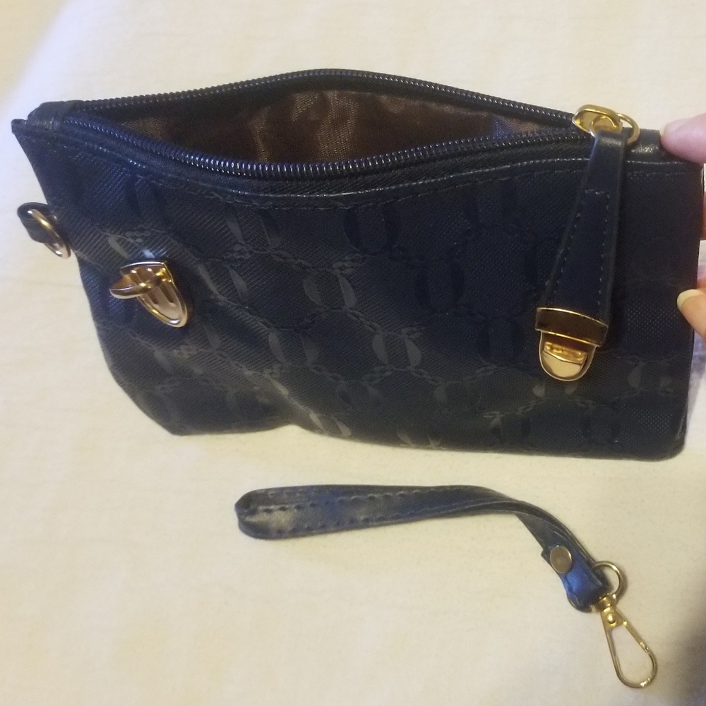 Matching set of 3 textured dark blue purses w chocolate brown interiors - Picture 9 of 10